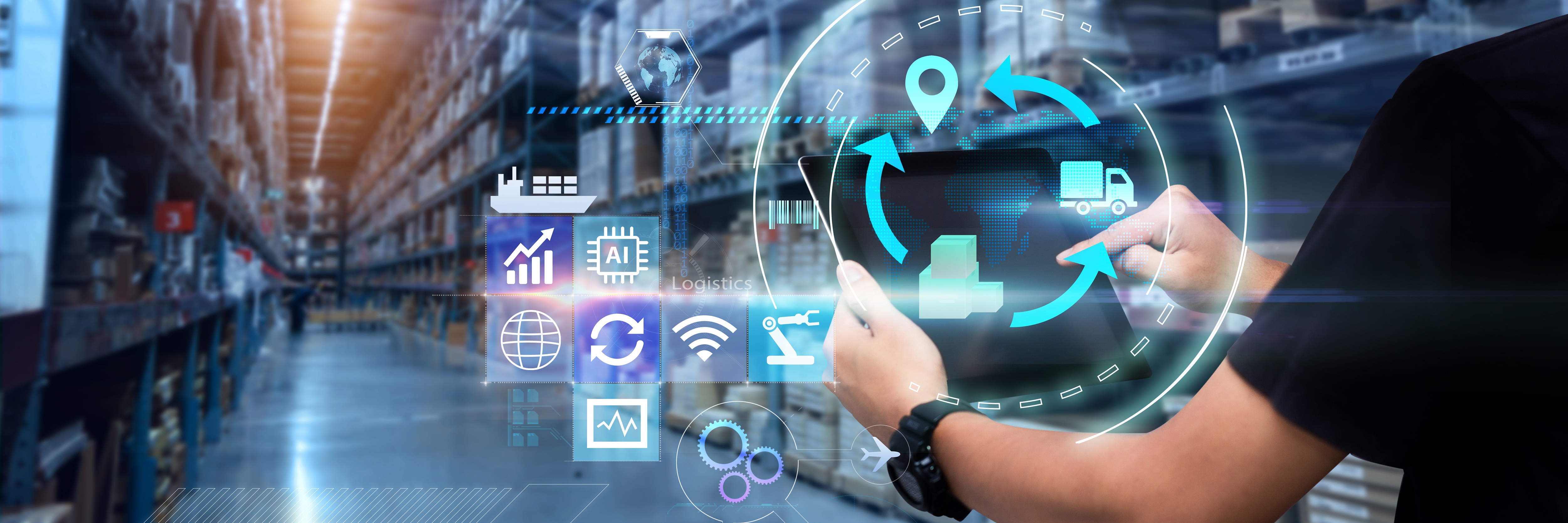 HSB Strategic Alliances Man hands using tablet on blurred warehouse as background