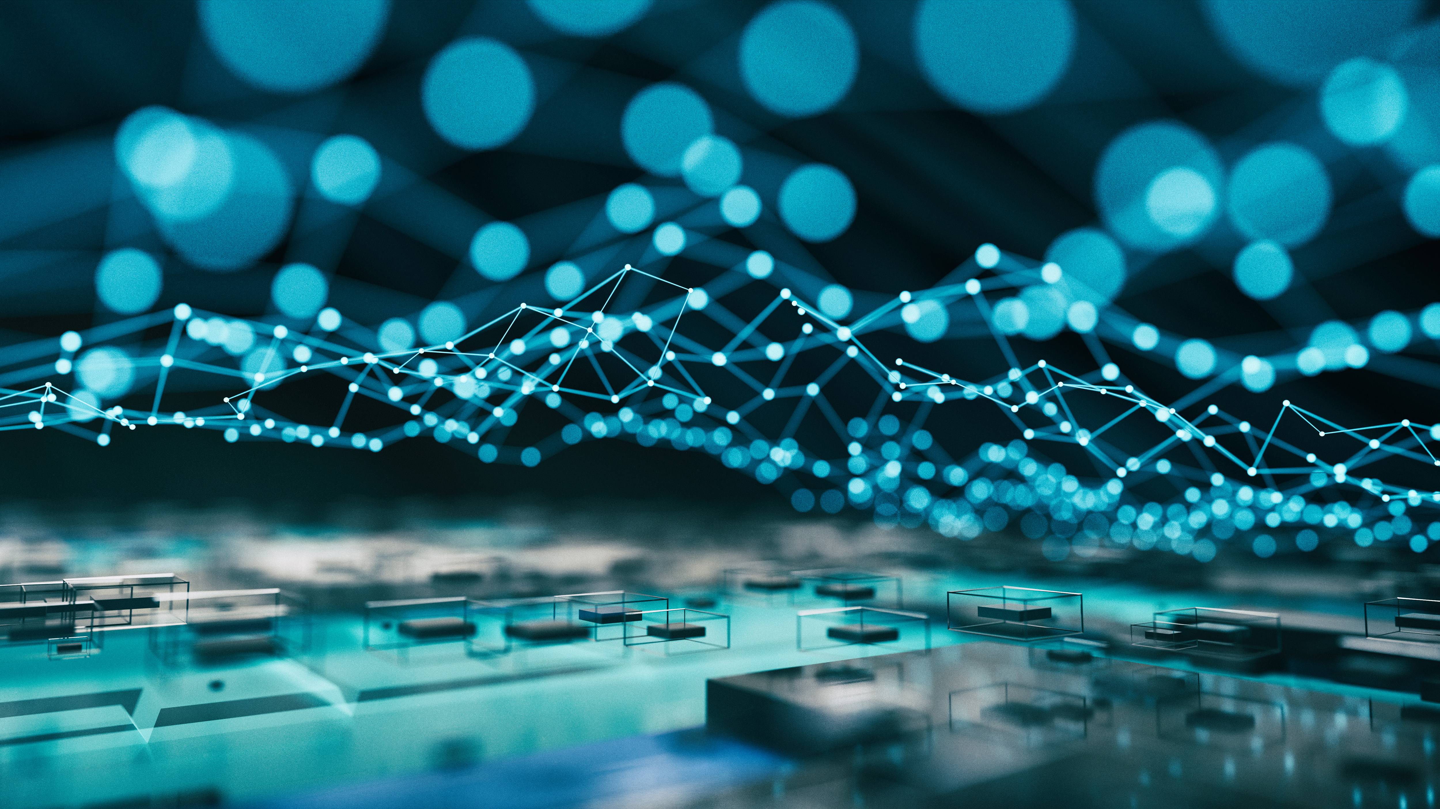Specialty Partners Abstract blockchain technology background - 3d rendered image. Big data building concept. Abstract technology, augmented reality (AR), virtual reality (VR), Cryptocurrency blockchain concepts. Pixelated infinity blocks structure.