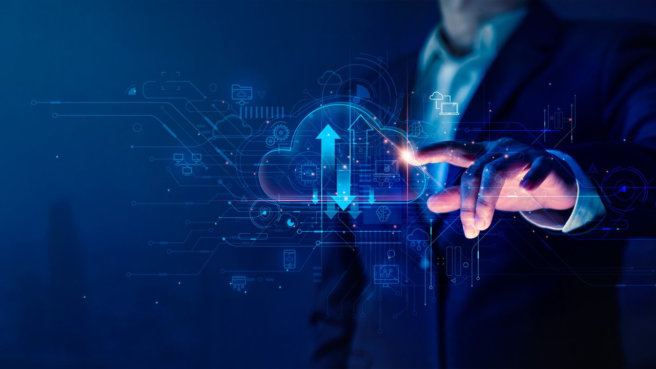 Businessman touch cloud computing icon network. Cloud technology, Cloud data transfer and online data storage for business network confidential data of business on internet storage network.