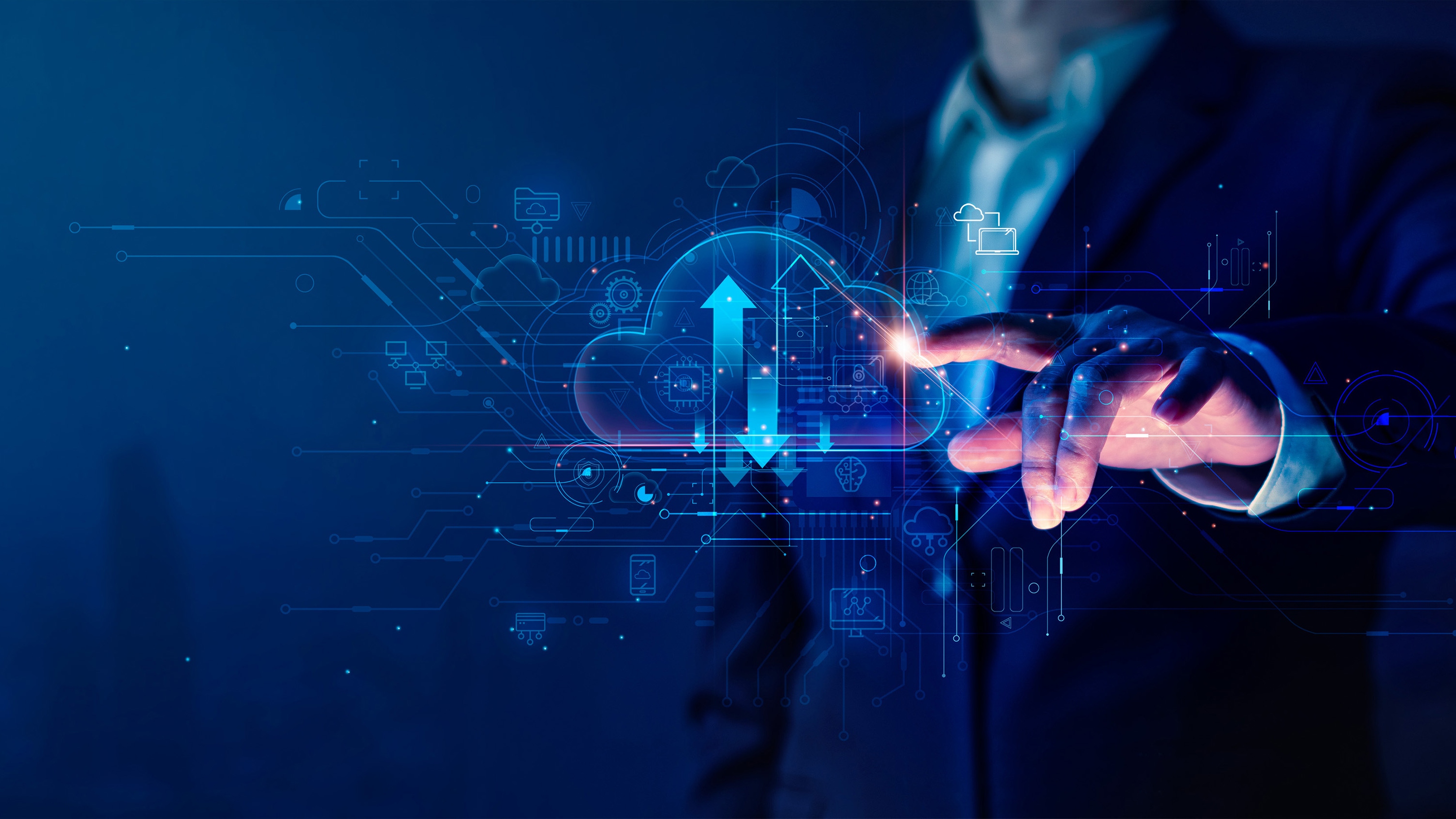 A blueprint: Schneider Electric Businessman touch cloud computing icon network. Cloud technology, Cloud data transfer and online data storage for business network confidential data of business on internet storage network.